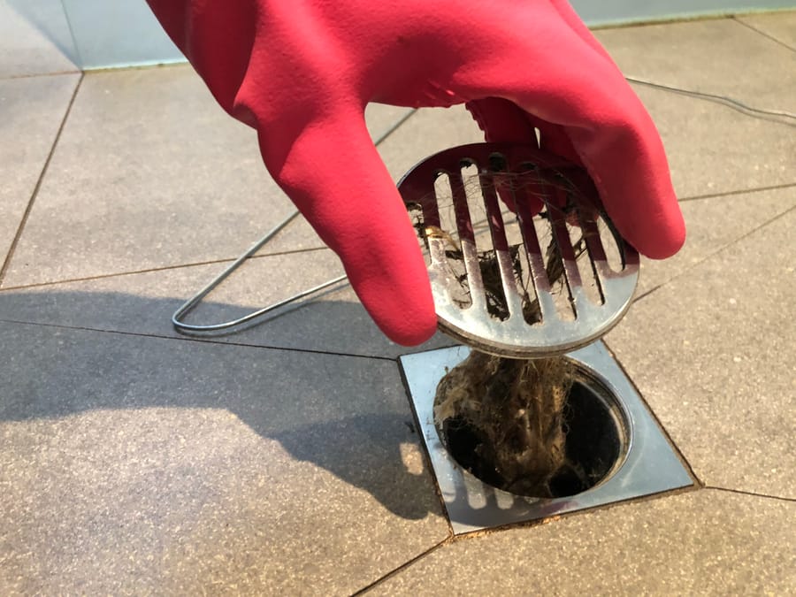 gloved hand pulling up drain for cleaning