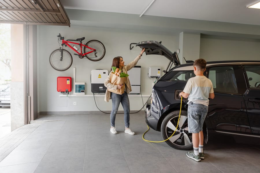 Family exiting their car which is charging on their EV charger in their garage